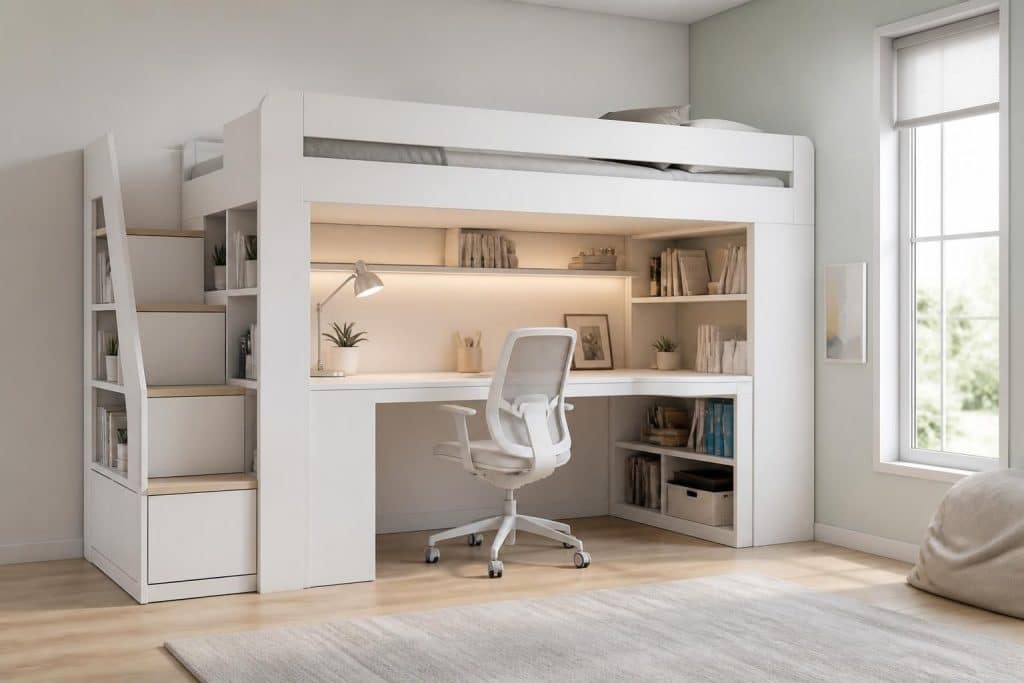 découvrez notre lit mezzanine blanc avec bureau intégré, la solution idéale pour optimiser l'espace dans votre chambre tout en alliant fonctionnalité et design moderne.